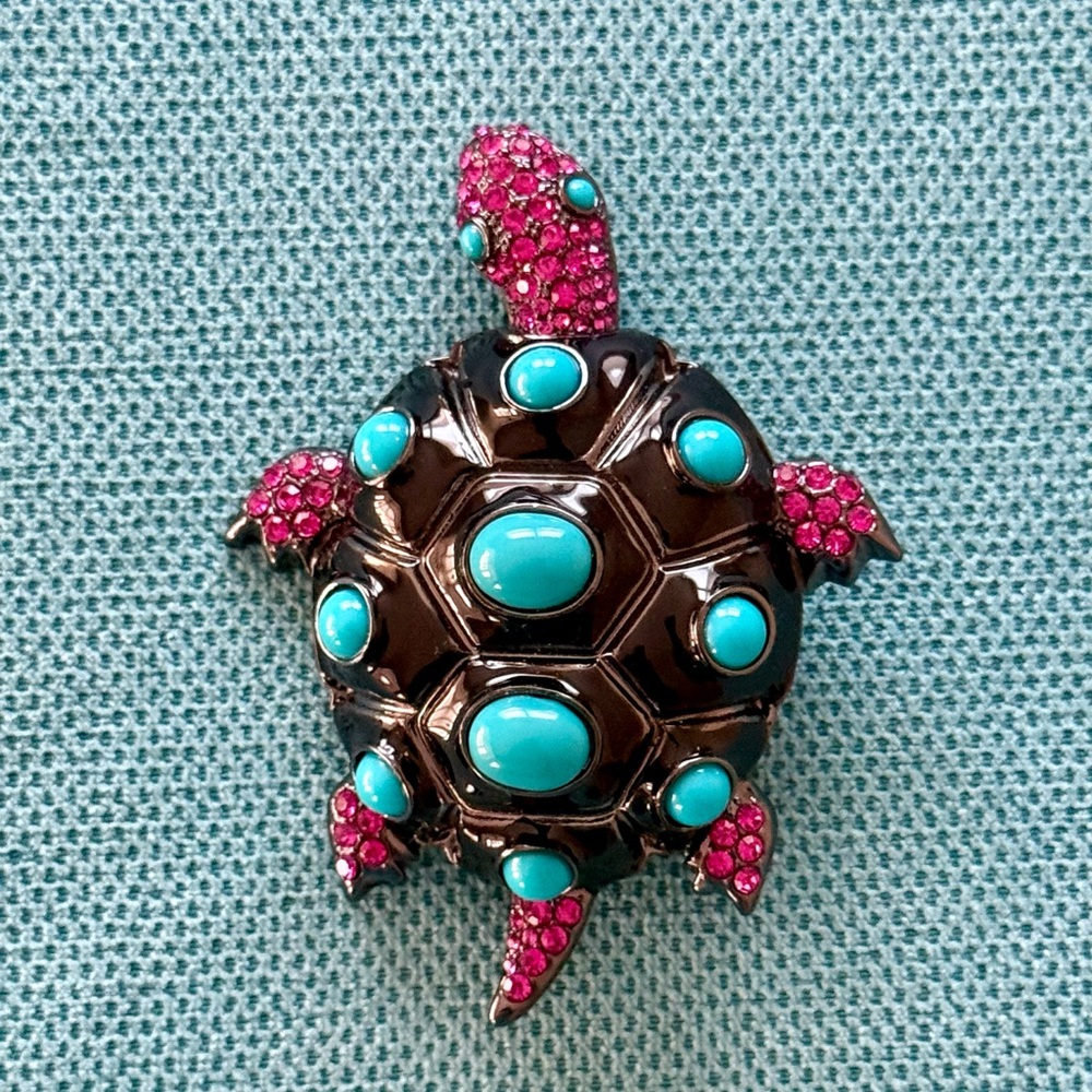 Turquoise Blue Cabochons & Fuchsia Pink Rhinestones Turtle Brooch Pin
